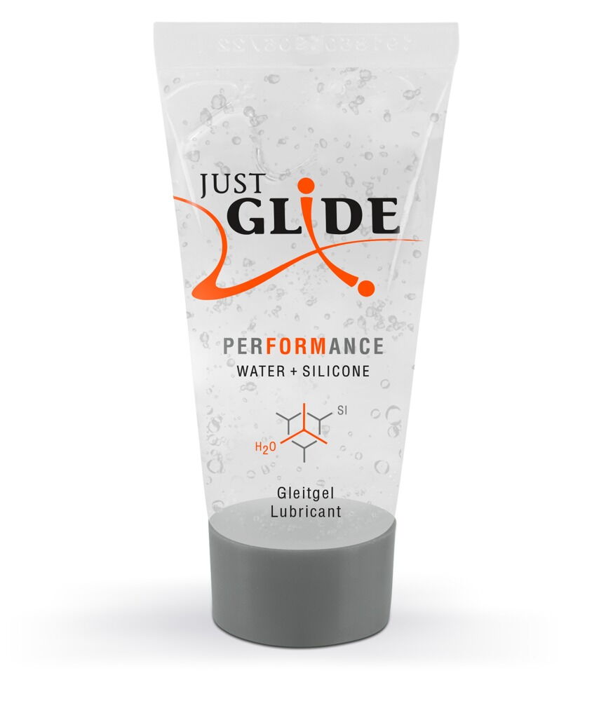 Tube of Just Glide Performance water and silicone lubricant on a white background