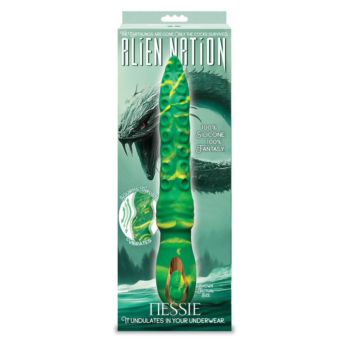 Package of a green silicone product with alien design on a white background
