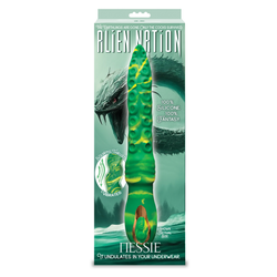 Package of a green silicone product with alien design on a white background