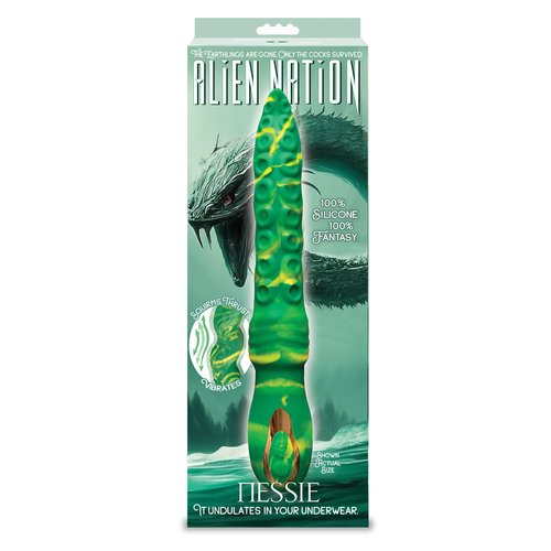 Package of a green silicone product with alien design on a white background