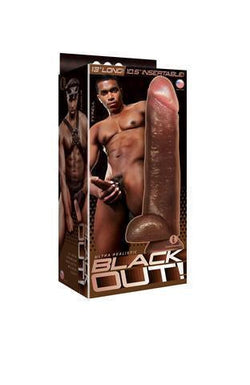 A product box for the 'Blackout! Black Realistic Cock' showing a model with the large, black dildo. The box highlights the product's features, including its size and the textured surface.