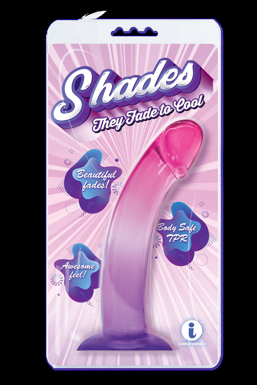 Product packaging with a purple and pink design on a black background