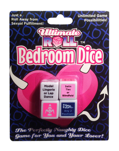 Packaged dice game titled 'Ultimate Roll Bedroom Dice' with pink heart design on a black background.