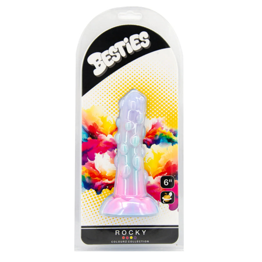 Sex toy packaging with colorful design and 'Besties' branding on a white background