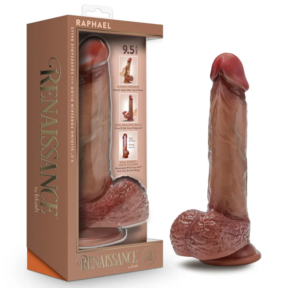 Renaissance - Raphael - 9.5 Inch Sliding Skin Dildo with Squeezable Balls - Tan