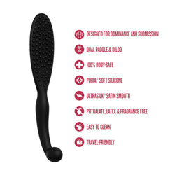 Black paddle with red text on a white background