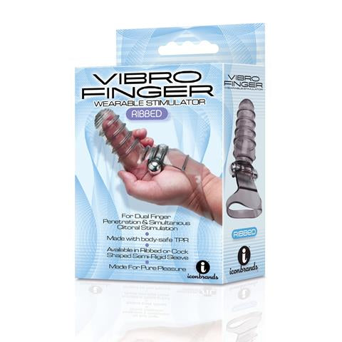 Vibro Finger wearable stimulator packaging with product image and branding on a white background