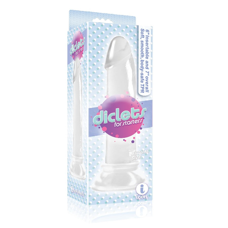 A clear, smooth, 7-inch dildo with realistic veins and a strong suction cup base, packaged in a box with a playful design.