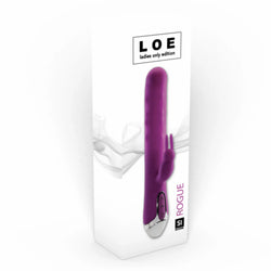 A purple LOE Rogue Beaded Rabbit Vibrator is displayed in its packaging. The box highlights the product's key features, including its medical-grade silicone material, rabbit vibration functions, and USB rechargeability.