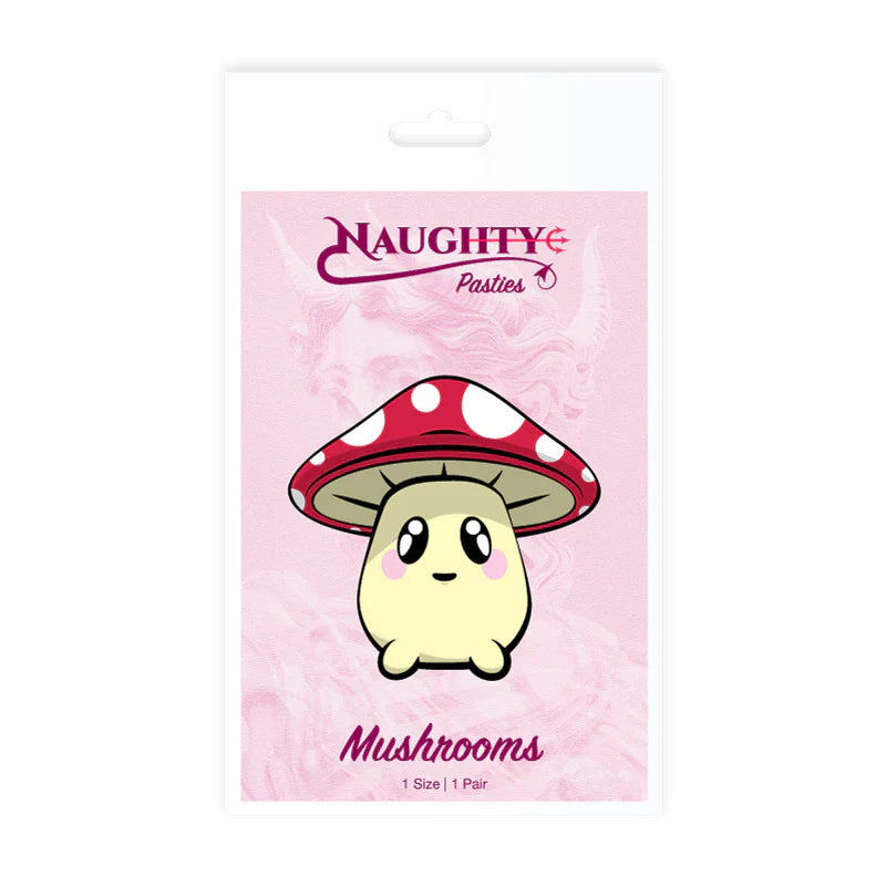 A package of Naughty brand glossy pasties with a mushroom design. The pasties are one size and are meant to be peeled and stuck onto clean, dry skin.