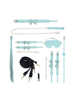 Collection of light blue and black bondage accessories on a white background