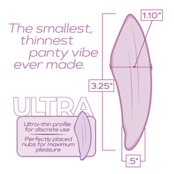 Diagram of the smallest, thinnest panty vibe ever made with dimensions and features highlighted.