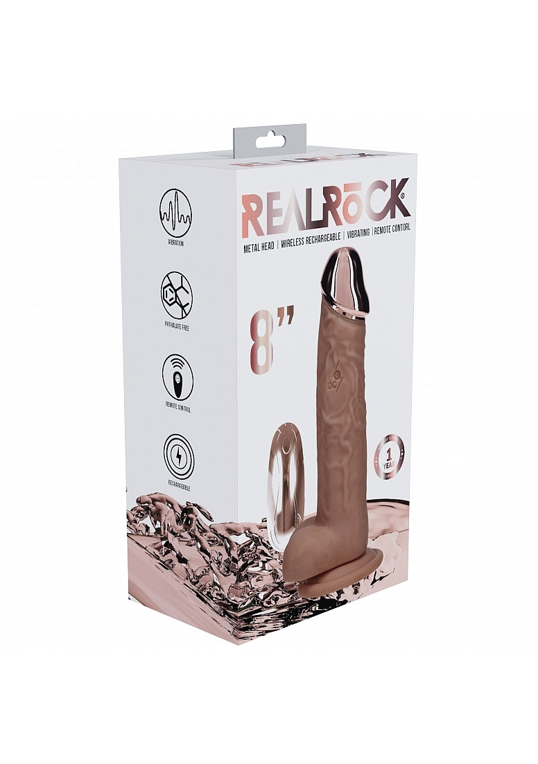 RealRock - Wireless Rechargeable - Remote Control - Metalhead - Vibrating - Regular Straight with Balls 8" - Tan