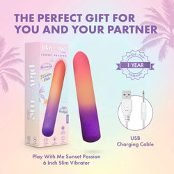Play With Me Sunset Passion 6 Inch Slim Vibrator with packaging and USB charging cable on a gradient background