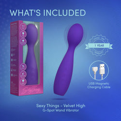 Purple G-Spot wand vibrator with packaging, USB cable, and warranty badge on a blue background