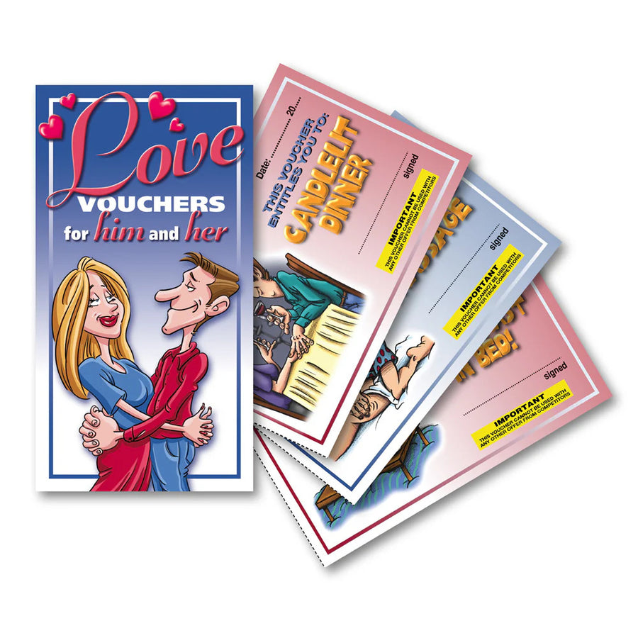 Love vouchers for him and her with cartoon illustration on a white background