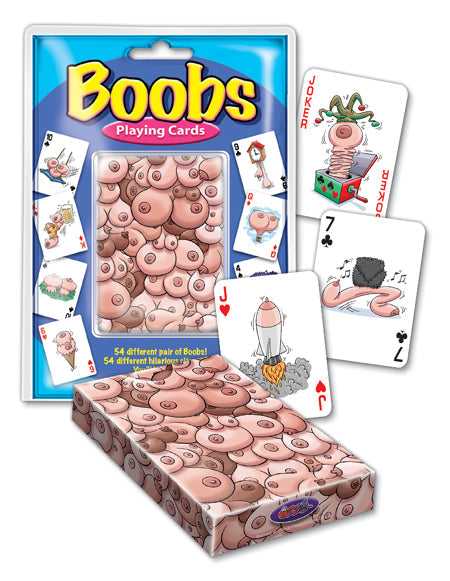 Boobs-themed playing cards with packaging on a white background